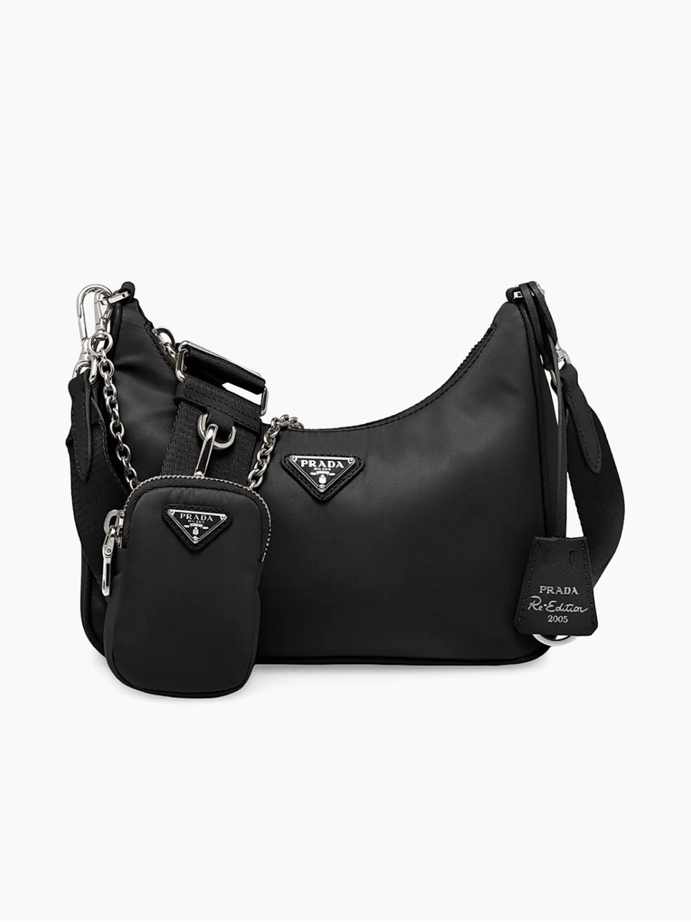 Prada Black Nylon Shoulder Hobo Bag with Detachable Pouch